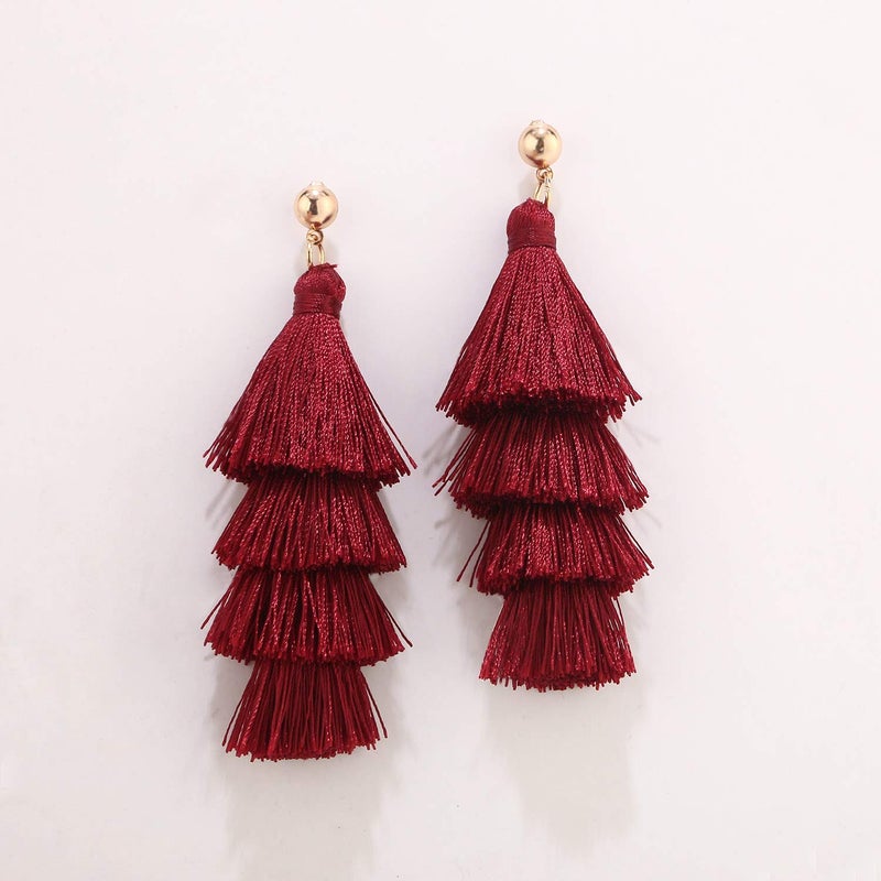 BaubleStar Fashion Maroon Tassel Dangle Earrings for Women Layered Long Bonita Tiered Wine Burgundy Red Thread Tassel Drop Statement Jewelry - Image 5